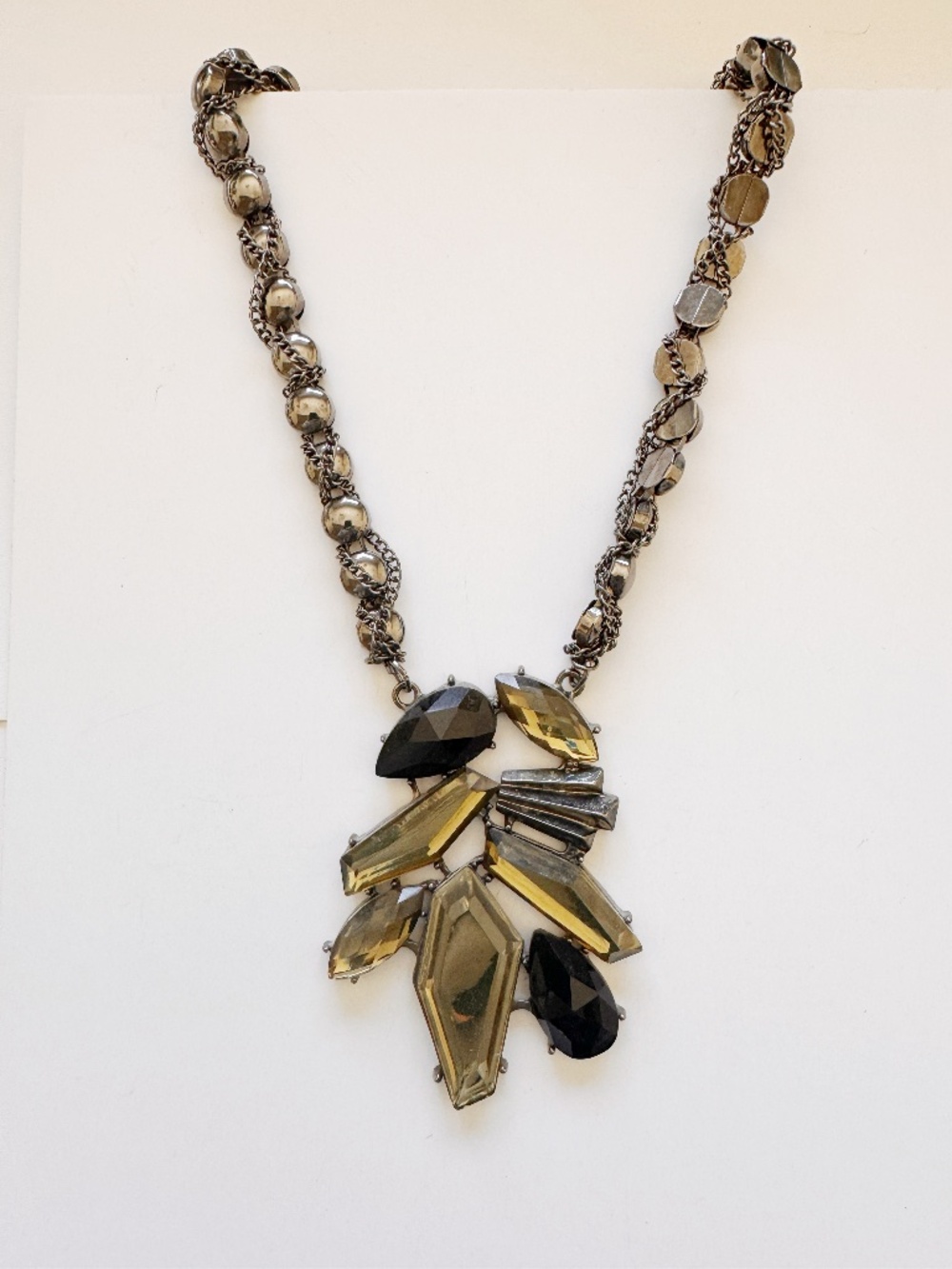 Vintage Statement Necklace Faceted Glass Stone Chunky Chain Gold Black Bib Style